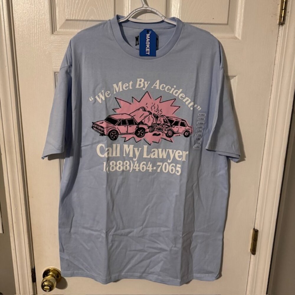 Market Studio Call My Lawyer Crash T-Shirt Men's XL Blue Graphic T-Shirt NWT $75